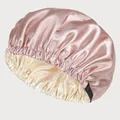 Dettaglio della cuffia da notte in raso rosa a doppio strato con interno oro regolabile - Regolabile / Champagne E Fodera Beige
