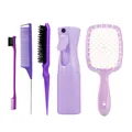 Set de 5 outils de coiffure violet avec flacon pulvérisateur et peignes divers - Ensemble de Coiffage Brosse Aérée / Set de 5 pièces / Violet et Blanc