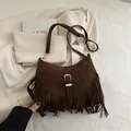 Bolso bandolera retro de ante marrón oscuro con flecos y hebilla dorada moda - Marrón Oscuro