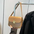 Minimalist camel leather crossbody square bag with golden buckle for women's daily fashion - Brown