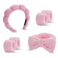 Ensemble de bandeau en éponge rose avec poignets et nœud pour lavage du visage - Combo Rose Bandeau Nuage Bracelets Noeud Bande Cheveux