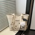 Chic cream woven tote bag with cute cat embroidery and decorative plush pendant - Without Pendant / White