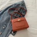 Terracotta cross-grain leather crossbody bag with gold buckle on denim background - Brown