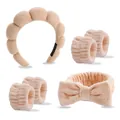 Beiges 6-teiliges Spa-Set mit dickem Stirnband, Schleife und 4 weichen Handgelenkbändern - Hellkhaki Wolken Stirnband Handgelenkbänder Schleife Haarschmuck Kombi