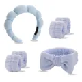 Cloud-Stirnband-Set mit Schleife und Saugarmbändern in Blau und Lila für Gesichtsreinigung - Himmelblau Wolken Stirnband Handgelenkbänder Schleife Haarschmuck Kombi