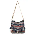 Bolso bandolera étnico bohemio con patrones zigzag coloridos y detalles de flecos - Azul oscuro