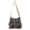 Ethnic bohemian crossbody bag with black white chevron patterns and colorful tassels - Black