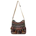 Ethnic bohemian crossbody bag with colorful geometric patterns and decorative tassels - Brown