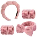 Rosa Plüsch Spa-Stirnband-Set mit passenden Armbändern und großer Schleife - Bohnensandrot Wolken Stirnband Handgelenkbänder Schleife Haarschmuck Kombi