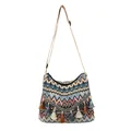 Ethnic hobo bag with colorful geometric patterns and decorative fringe tassels - Light Blue