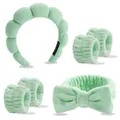 Minzgrünes Mikrofaser-Stirnband und Armbänder Set für die tägliche Gesichtspflege - Grün Wolken Stirnband Handgelenkbänder Schleife Haarschmuck Kombi