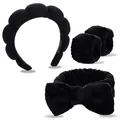 6-teiliges schwarzes flauschiges Spa-Stirnband und Armband Set zum Waschen - Schwarz Wolken Stirnband Handgelenkbänder Schleife Kollektion