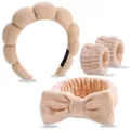 4er-Set beige Schwamm-Stirnbänder und Handgelenkbänder für Gesichtswäsche und Spa - Hellkhaki Wolken Stirnband Handgelenkbänder Schleife Kollektion
