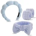 Hellblaues Set aus Schwamm-Stirnband und Armbändern für Gesichtspflege - Himmelblau Wolken Stirnband Handgelenkbänder Schleife Kollektion