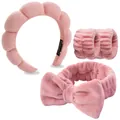 Rosa Mikrofaser Spa-Set mit Schwamm-Stirnband, Armbändern und Schleifenband - Bohnensandrot Wolken Stirnband Handgelenkbänder Schleife Kollektion