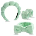Minzgrünes 4-teiliges Spa-Stirnband und Handgelenkband-Set aus weichem Plüschstoff - Grün Wolken Stirnband Handgelenkbänder Schleife Kollektion