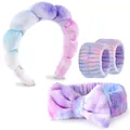 Bunt gefärbtes lila-blaues 4-teiliges Set mit Stirnband, Armbändern und Schleifen-Haarband - Batik Wolken Stirnband Handgelenkbänder Schleife Kollektion