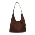 Deep brown faux suede hobo shoulder bag with adjustable strap and retro stitching detail - Brown