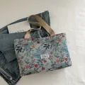Niche floral woven tote bag with beige canvas handles and vintage flower pattern - Blue