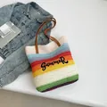 Borsa tote intrecciata arcobaleno con ricamo Summer e manici in pelle marrone - Arcobaleno (Stile 2)
