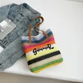 Sac fourre-tout en crochet à rayures colorées avec broderie SUMMER et anses en cuir - Multicolore Éclatant (Style 4)