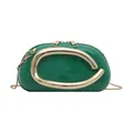 Green patent leather round bag with architectural gold handle and chain strap - Green