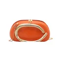 Glossy orange oval round bag with gold lip-shaped handle and metal chain strap - Orange