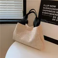 Beige woven straw tote bag with contrasting black shoulder straps and spacious design - Black Straps(5979952362091) / Off White