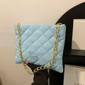 Chic light blue quilted rhombic handbag with gold chain strap for women fashion - Blue