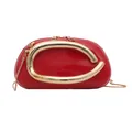 Red patent leather round box bag with gold C-shaped handle and chain strap - Red