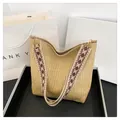 Sac cabas en paille tressée beige avec large bandoulière à motifs géométriques - Style 2 Kaki
