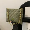 Olive green quilted shoulder bag with diamond stitching and chunky gold chain strap - Green
