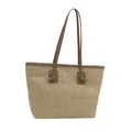 Straw woven tote bag with V-pattern texture and brown leather knotted handles - Khaki