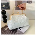 Close-up of white lace evening bag with silver sequins and vintage gold metal frame - White