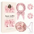 Ensemble complet de bigoudis sans chaleur avec bonnet en satin rose et boîte cadeau - Rose Coréen