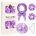 Détails du kit bigoudis sans chaleur en satin violet avec chouchous et bonnet de sommeil - Violet