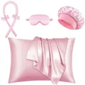 Roze satijnen hittevrije krulset met kussensloop, slaapmuts, oogmasker en haar elastiekjes - Kussensloop En Oogmasker En Kruller Combinatie / Roze