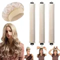 Detalle del set de gorro de satén champán y rulos de terciopelo para el cabello sin calor - 米色毛绒卷发棒与浴帽套装 / Beige