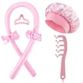 Rosa Heatless Hair Curler Set mit Schlafhaube, Haargummis, Haarklammer und grobem Kamm - Lockenwickler Und Kamm Set / Rosa