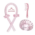 5-teiliges Set für hitzefreie Locken in Rosa mit Schlafhaube und Haarschmuck - Satin Lockenwickler mit Scrunchies, Haube, Kamm und Klammer / Rosa