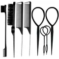 8-teiliges schwarzes Haarstyling-Set mit Stielkämmen und Toupierwerkzeugen aus Metall - 8-Teiliges Set / Schwarz