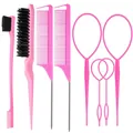 7-teiliges rosa Haarstyling-Set mit Stielkämmen, Kantenbürste und Haarschlaufentools - 7-teiliges Set / Rosa