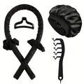 Black heatless hair curler set with satin sleep cap, scrunchies, clip, and comb - 6-Piece Set: Satin Curler + Scrunchies + Bonnet + Comb + Claw Clip / Black