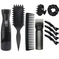 Detail view of 10-piece black hair styling kit including spray bottle and various combs - Black