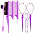 7-teiliges lila Haarstyling-Set mit Stielkämmen und Haarschleifenwerkzeugen - 7-teiliges Set / Lila