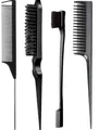 4-teiliges schwarzes Frisier-Set inklusive Stielkamm mit Stahlnadel und Kantenbürste - 4-teiliges Set / Schwarz