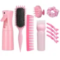 Pink hair care styling kit with spray bottle, combs, scalp massager and clips - Pink