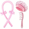 Rosa hitzefreies Lockenwickler-Set mit Satin-Haargummis, Schlafhaube und Kamm - Satin Lockenwickler mit Scrunchies, Haube und Kamm / Rosa