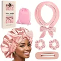 Pink heatless hair curler set with velvet rod satin sleep cap and accessories on white background - Velvet Bowknot Kit (5258) / Pink