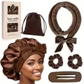 Brown velvet heatless hair curler set with satin bonnet, scrunchies, and claw clip in a gift box - Velvet Bowknot Kit (5258) / Coffee